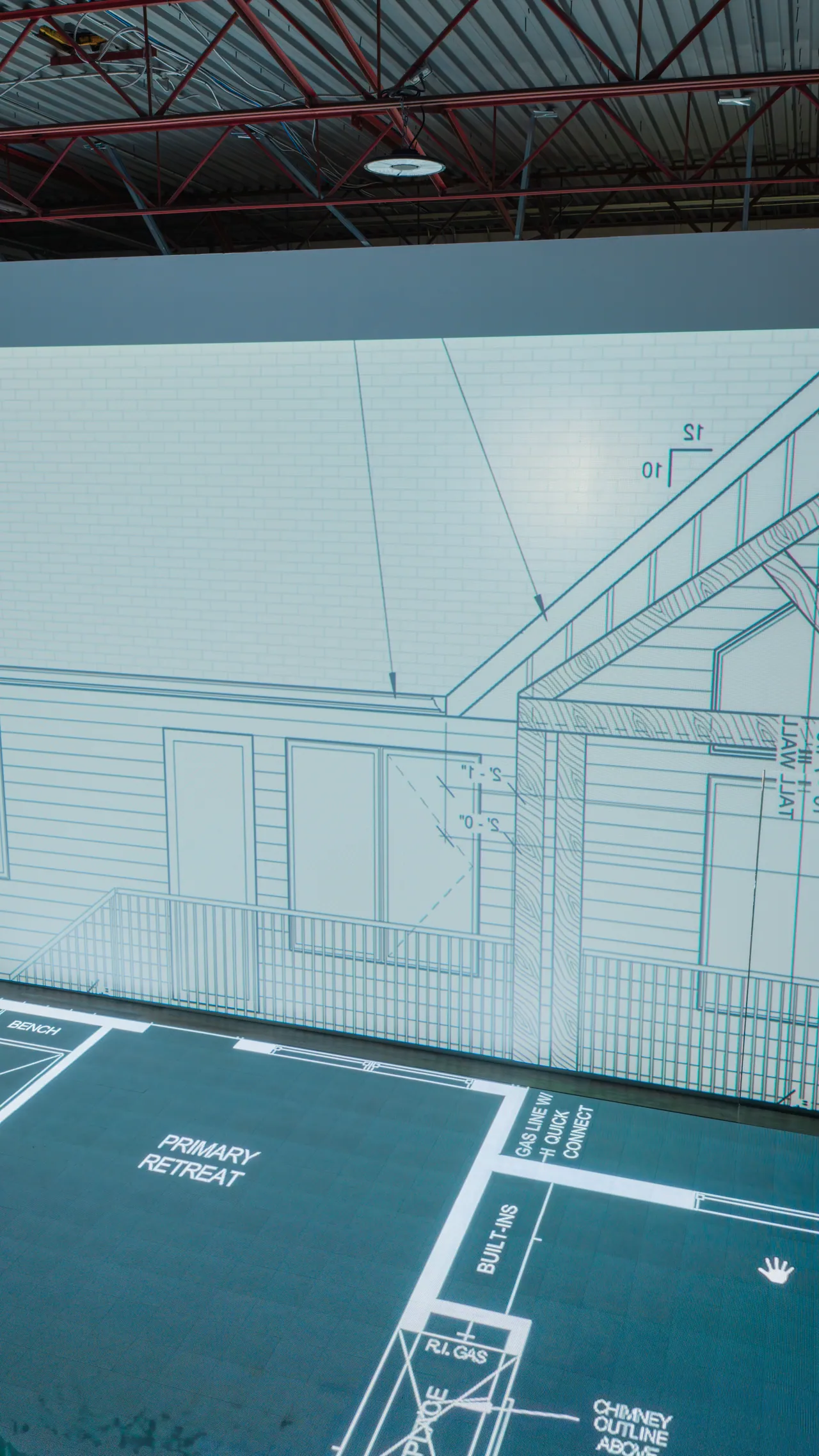 Architectural details on the wall-size elevation screen