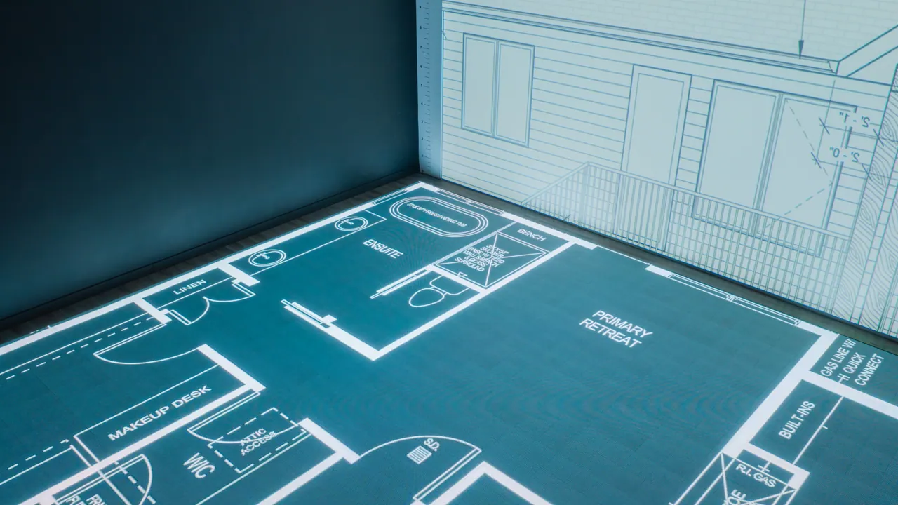 The full-scale floor plan viewed from the studio mezzanine