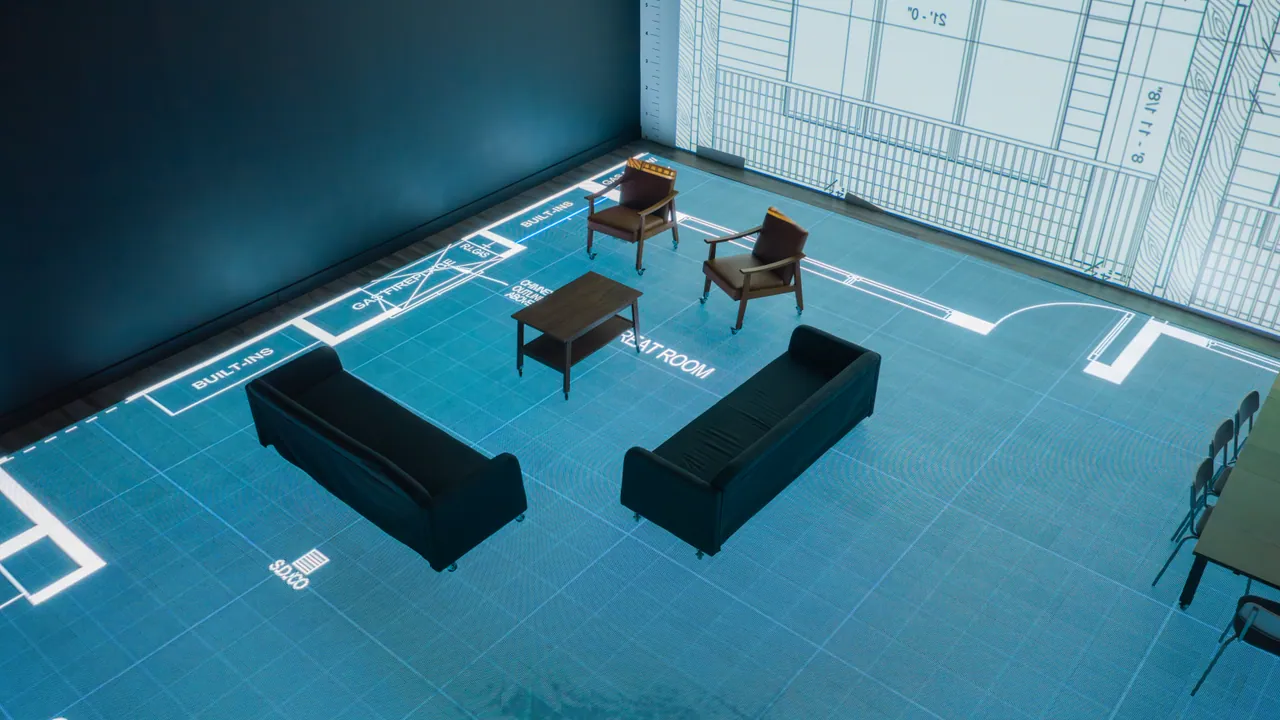 A furnished living room arranged on the LED floor